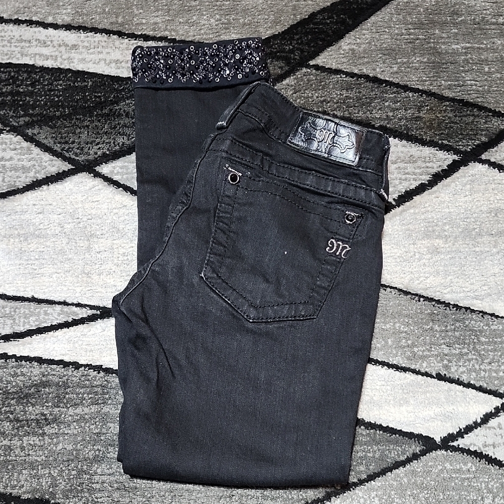 MISS ME BLACK EMBROIDERED METALLIC RHINESTONES BEAD CUFFED SKINNY DENIM JEAN